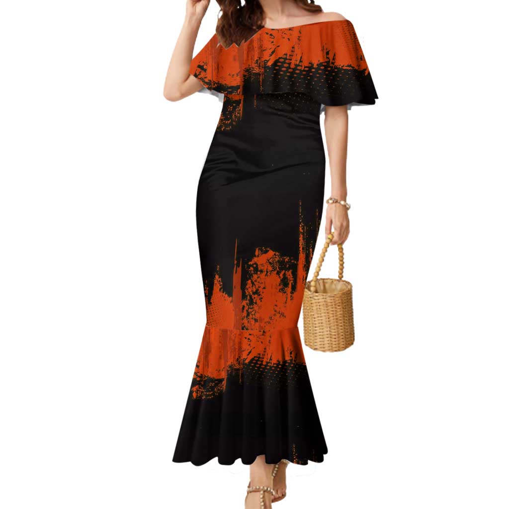 Kyojuro Rengoku Demon Slayer Black and Orange Grunge Design Mermaid Dress with Bold Eyes and Flame Hashira Artwork - The Mazicc