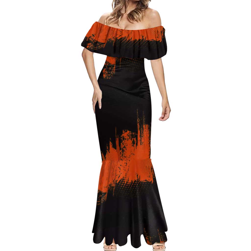 Kyojuro Rengoku Demon Slayer Black and Orange Grunge Design Mermaid Dress with Bold Eyes and Flame Hashira Artwork - The Mazicc