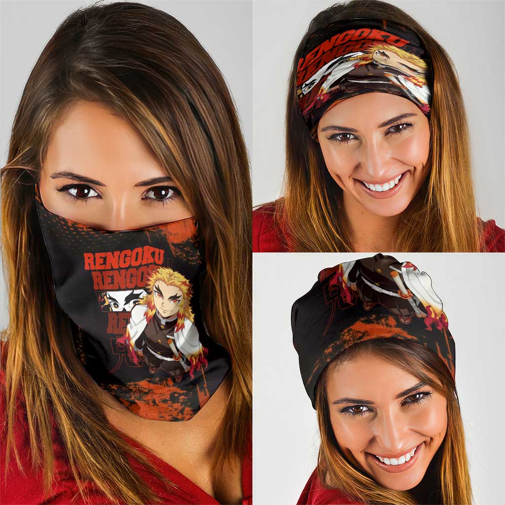 Kyojuro Rengoku Demon Slayer Black and Orange Grunge Design Neck Gaiter with Bold Eyes and Flame Hashira Artwork - The Mazicc