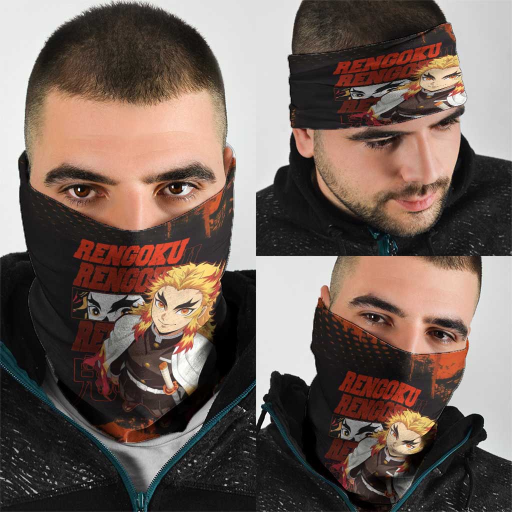 Kyojuro Rengoku Demon Slayer Black and Orange Grunge Design Neck Gaiter with Bold Eyes and Flame Hashira Artwork - The Mazicc