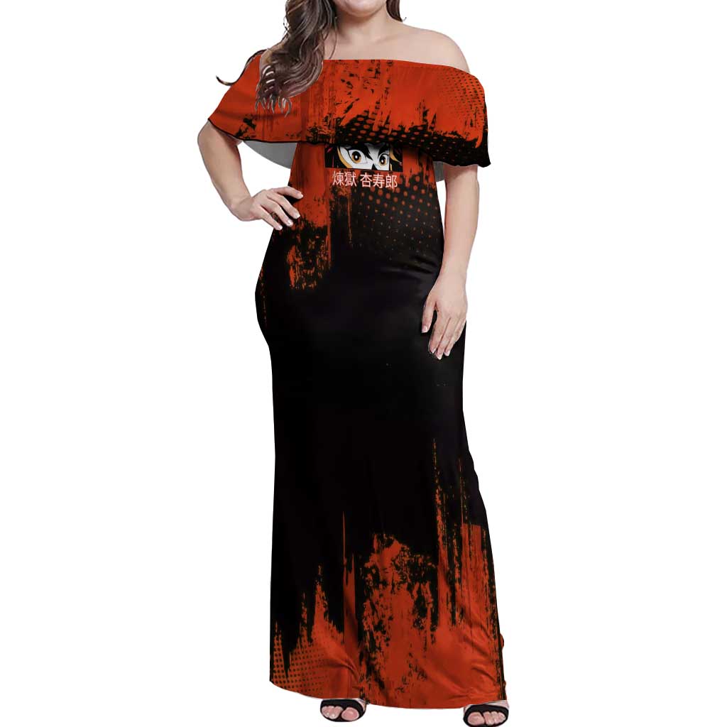 Kyojuro Rengoku Demon Slayer Black and Orange Grunge Design Off Shoulder Maxi Dress with Bold Eyes and Flame Hashira Artwork - The Mazicc