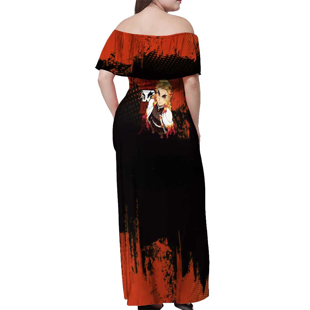 Kyojuro Rengoku Demon Slayer Black and Orange Grunge Design Off Shoulder Maxi Dress with Bold Eyes and Flame Hashira Artwork - The Mazicc