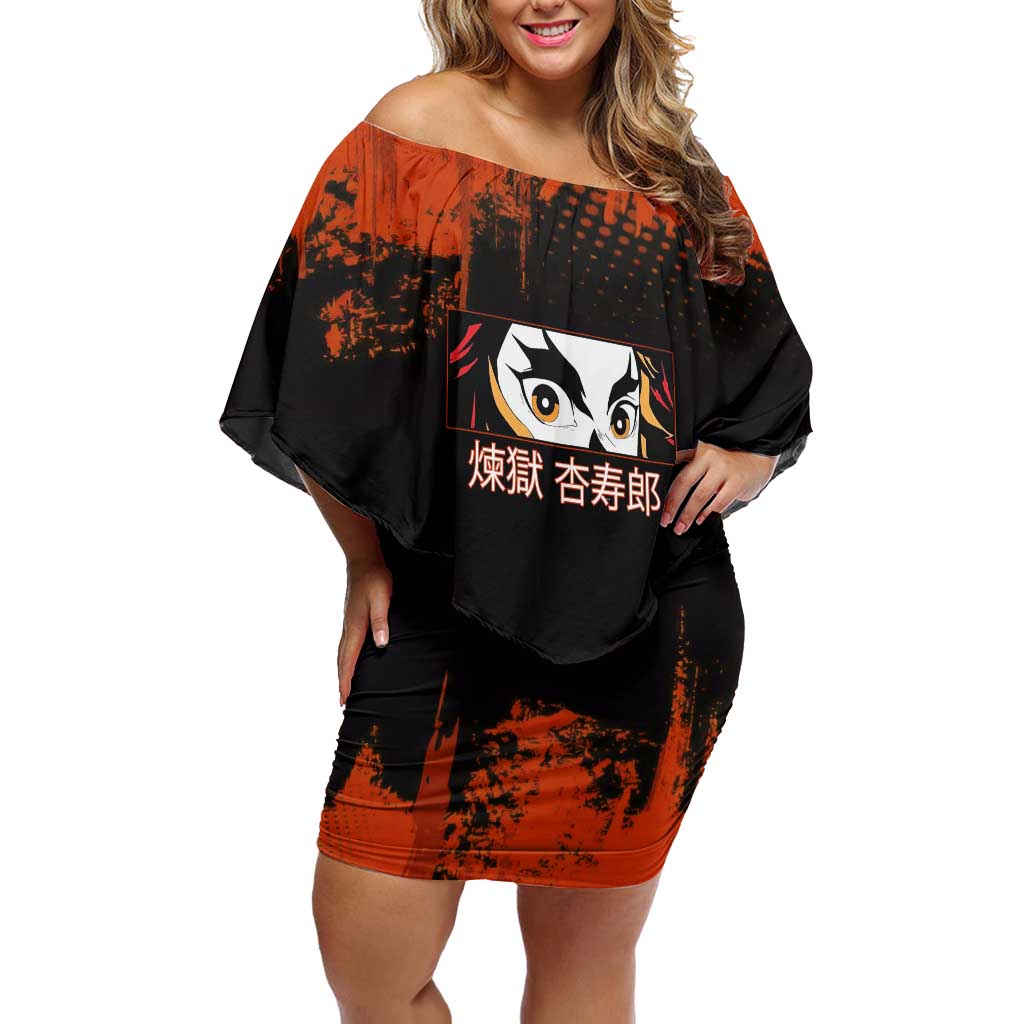 Kyojuro Rengoku Demon Slayer Black and Orange Grunge Design Off Shoulder Short Dress with Bold Eyes and Flame Hashira Artwork - The Mazicc