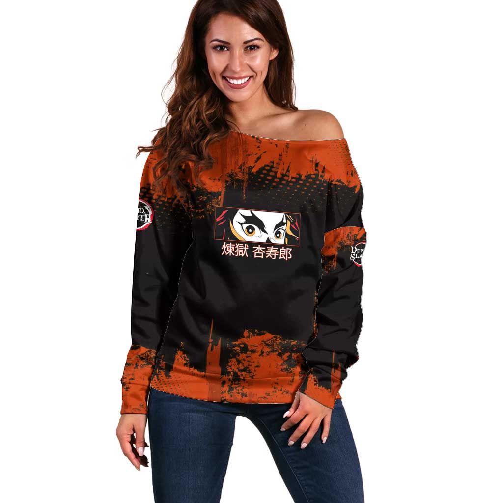 Kyojuro Rengoku Demon Slayer Black and Orange Grunge Design Off Shoulder Sweater with Bold Eyes and Flame Hashira Artwork - The Mazicc