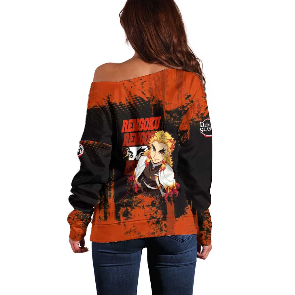 Kyojuro Rengoku Demon Slayer Black and Orange Grunge Design Off Shoulder Sweater with Bold Eyes and Flame Hashira Artwork - The Mazicc