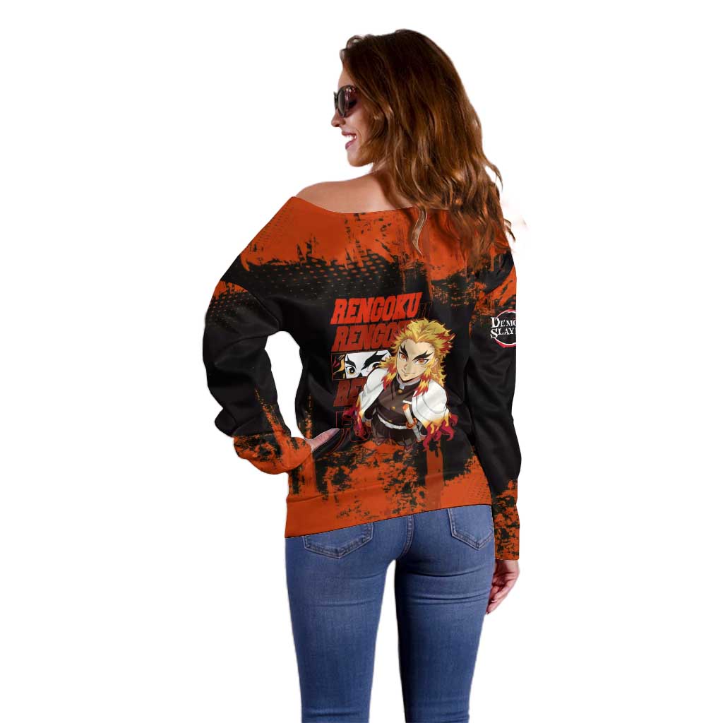 Kyojuro Rengoku Demon Slayer Black and Orange Grunge Design Off Shoulder Sweater with Bold Eyes and Flame Hashira Artwork - The Mazicc