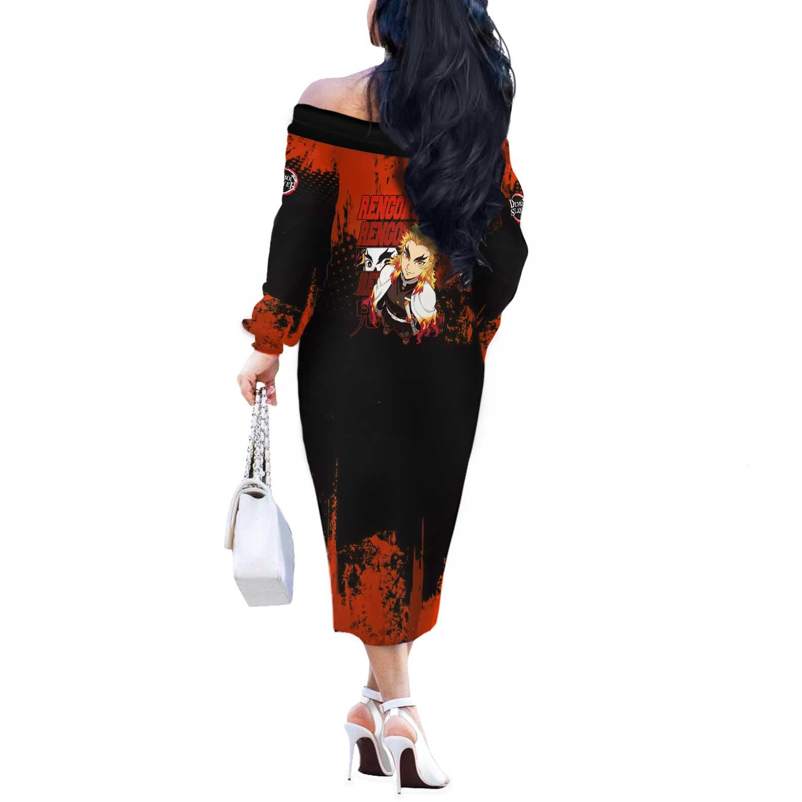 Kyojuro Rengoku Demon Slayer Black and Orange Grunge Design Off The Shoulder Long Sleeve Dress with Bold Eyes and Flame Hashira Artwork - The Mazicc