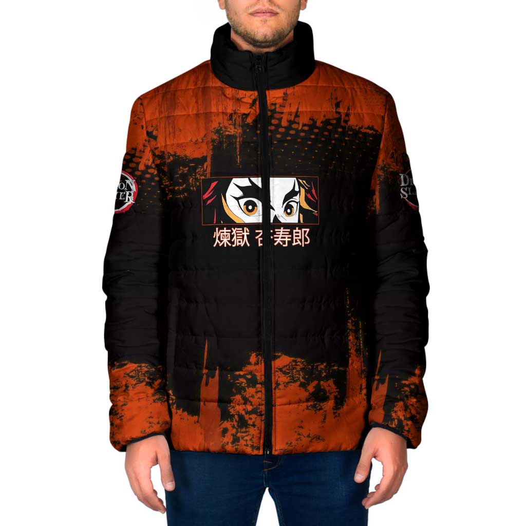 Kyojuro Rengoku Demon Slayer Black and Orange Grunge Design Padded Jacket with Bold Eyes and Flame Hashira Artwork - The Mazicc