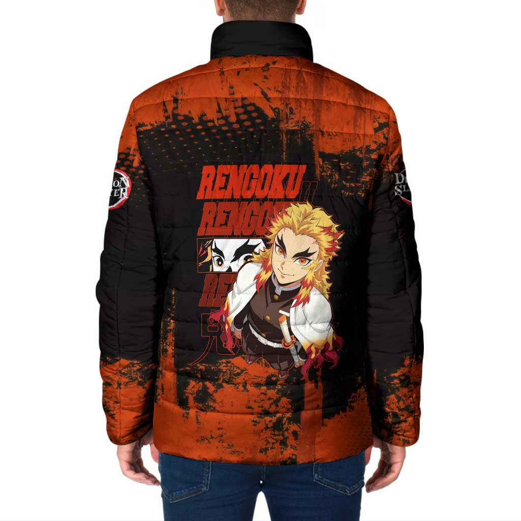 Kyojuro Rengoku Demon Slayer Black and Orange Grunge Design Padded Jacket with Bold Eyes and Flame Hashira Artwork - The Mazicc