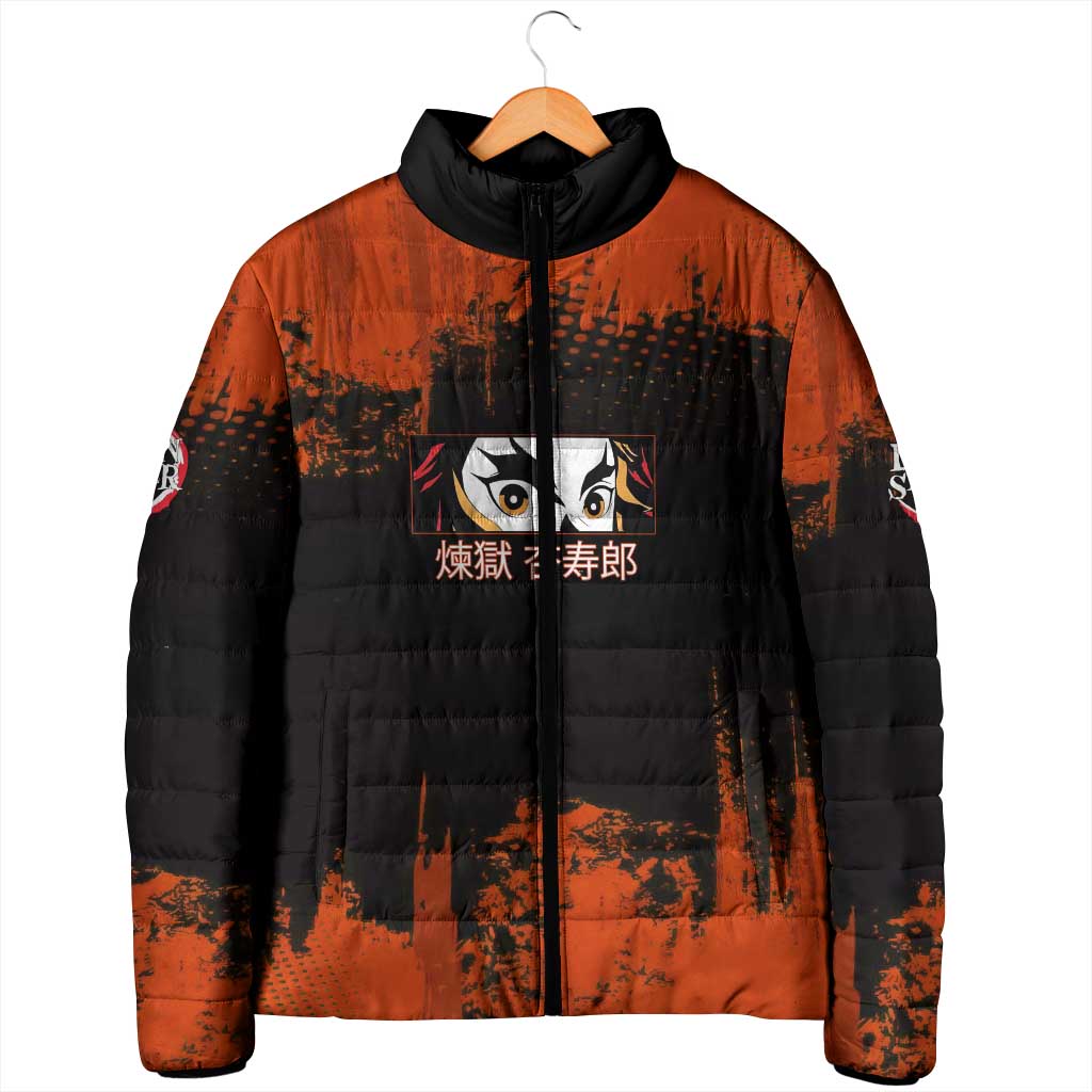 Kyojuro Rengoku Demon Slayer Black and Orange Grunge Design Padded Jacket with Bold Eyes and Flame Hashira Artwork - The Mazicc