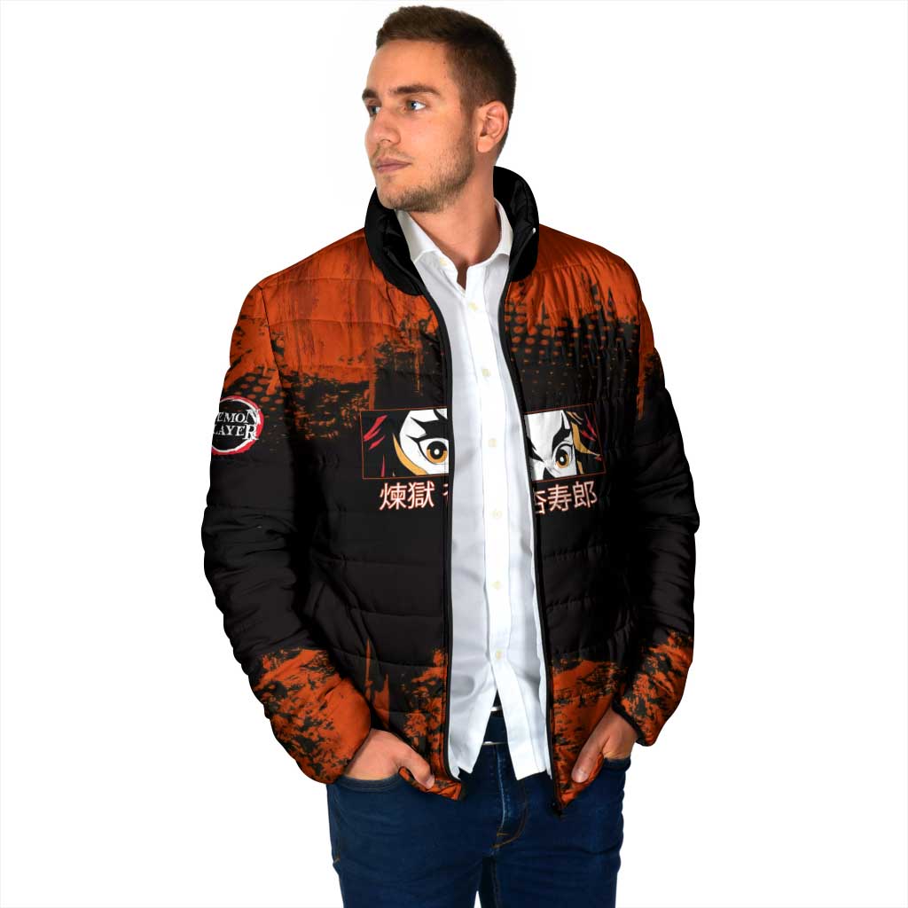 Kyojuro Rengoku Demon Slayer Black and Orange Grunge Design Padded Jacket with Bold Eyes and Flame Hashira Artwork - The Mazicc