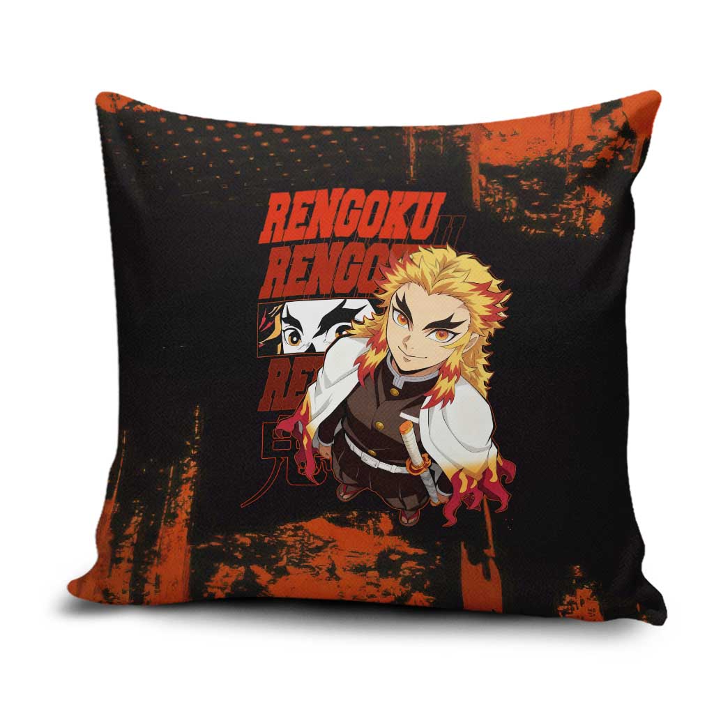 Kyojuro Rengoku Demon Slayer Black and Orange Grunge Design Pillow Cover with Bold Eyes and Flame Hashira Artwork - The Mazicc