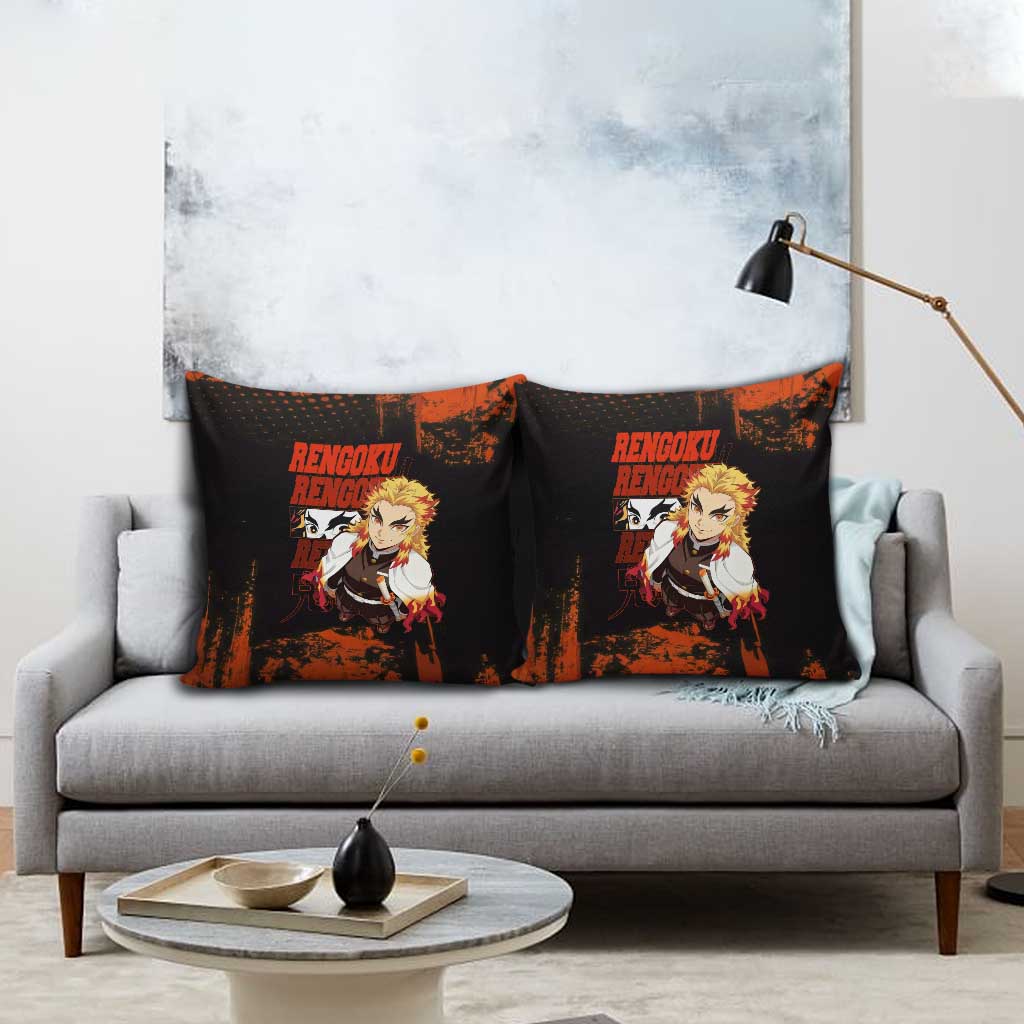 Kyojuro Rengoku Demon Slayer Black and Orange Grunge Design Pillow Cover with Bold Eyes and Flame Hashira Artwork - The Mazicc