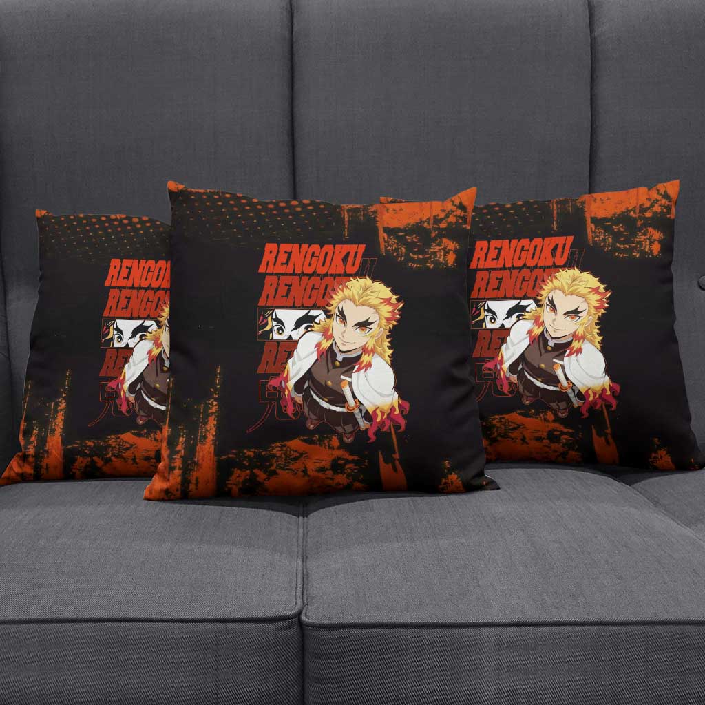 Kyojuro Rengoku Demon Slayer Black and Orange Grunge Design Pillow Cover with Bold Eyes and Flame Hashira Artwork - The Mazicc
