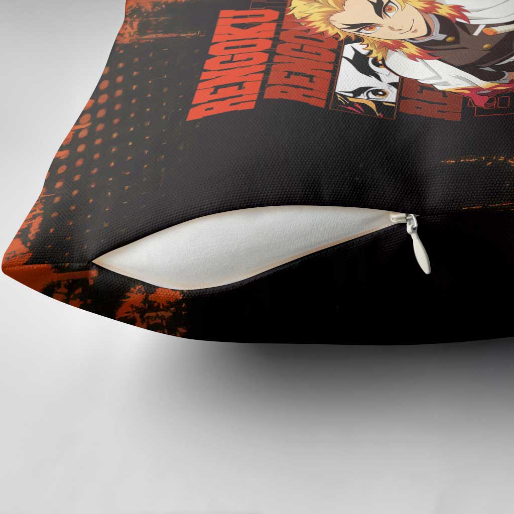 Kyojuro Rengoku Demon Slayer Black and Orange Grunge Design Pillow Cover with Bold Eyes and Flame Hashira Artwork - The Mazicc