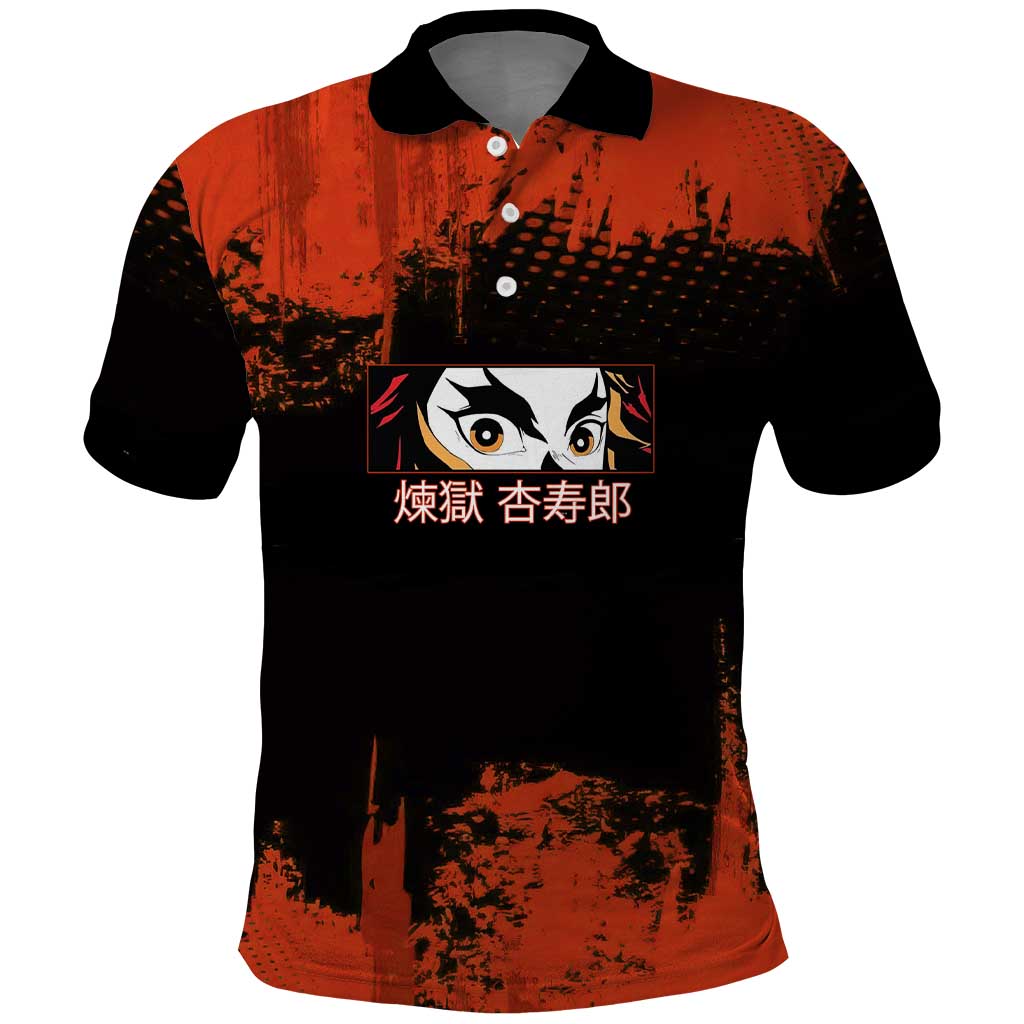 Kyojuro Rengoku Demon Slayer Black and Orange Grunge Design Polo Shirt with Bold Eyes and Flame Hashira Artwork - The Mazicc