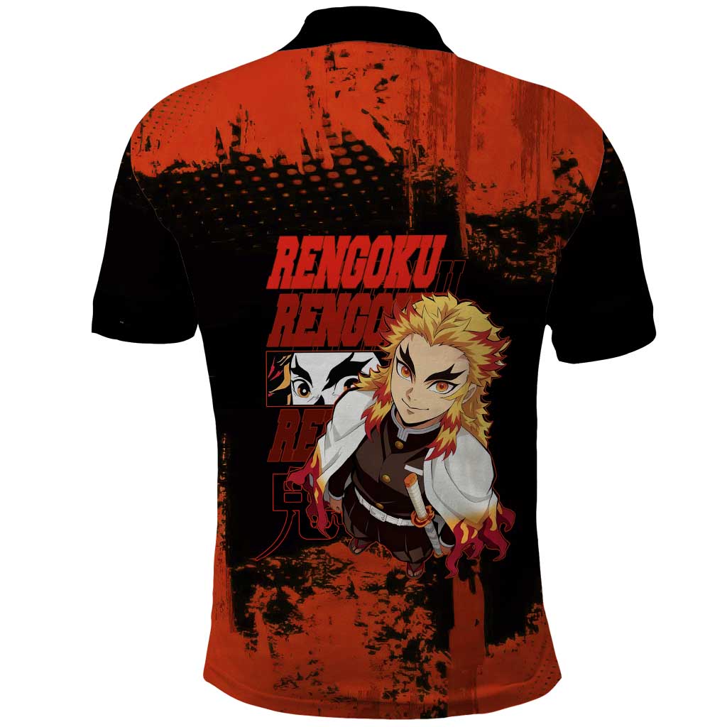Kyojuro Rengoku Demon Slayer Black and Orange Grunge Design Polo Shirt with Bold Eyes and Flame Hashira Artwork - The Mazicc