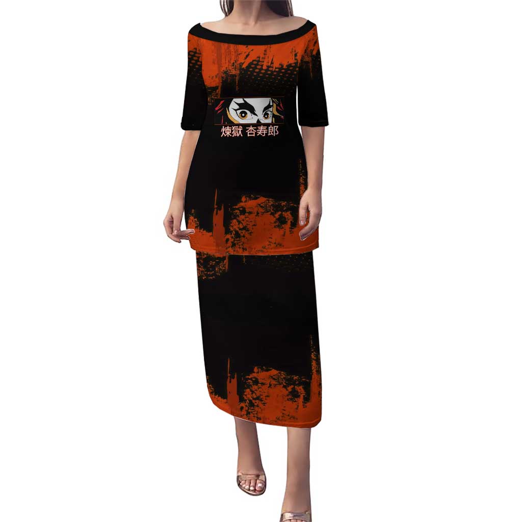 Kyojuro Rengoku Demon Slayer Black and Orange Grunge Design Puletasi with Bold Eyes and Flame Hashira Artwork - The Mazicc