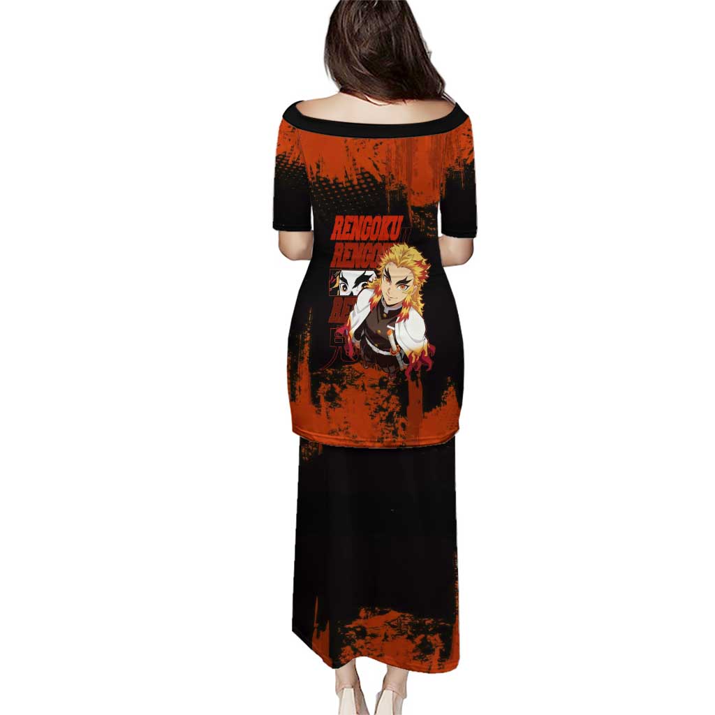 Kyojuro Rengoku Demon Slayer Black and Orange Grunge Design Puletasi with Bold Eyes and Flame Hashira Artwork - The Mazicc