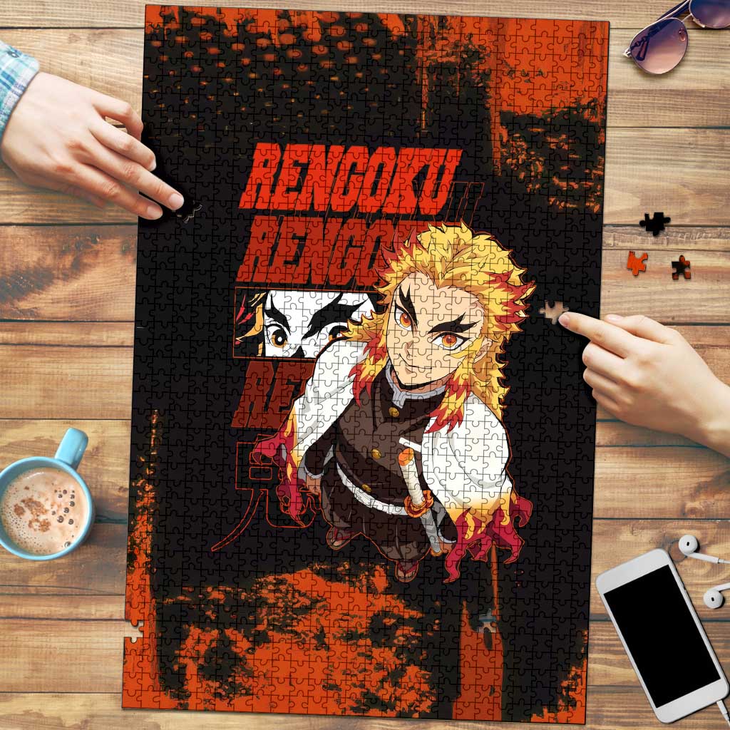 Kyojuro Rengoku Demon Slayer Black and Orange Grunge Design Puzzle with Bold Eyes and Flame Hashira Artwork - The Mazicc
