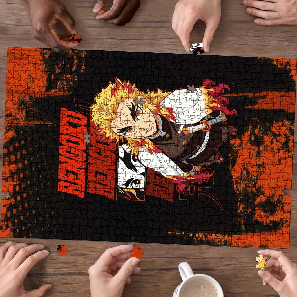 Kyojuro Rengoku Demon Slayer Black and Orange Grunge Design Puzzle with Bold Eyes and Flame Hashira Artwork - The Mazicc