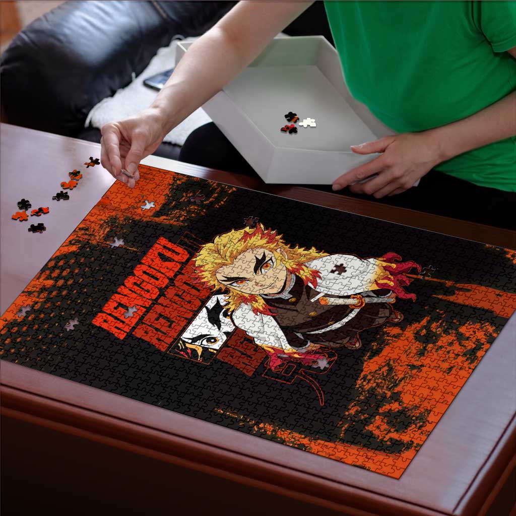 Kyojuro Rengoku Demon Slayer Black and Orange Grunge Design Puzzle with Bold Eyes and Flame Hashira Artwork - The Mazicc