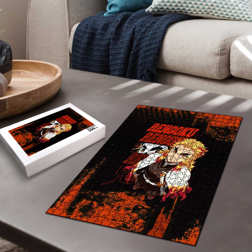 Kyojuro Rengoku Demon Slayer Black and Orange Grunge Design Puzzle with Bold Eyes and Flame Hashira Artwork - The Mazicc