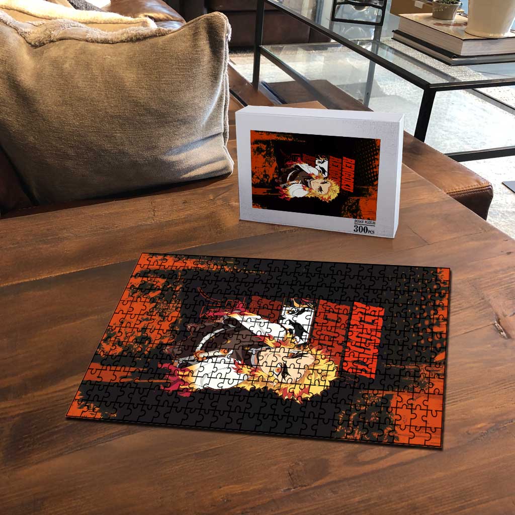 Kyojuro Rengoku Demon Slayer Black and Orange Grunge Design Puzzle with Bold Eyes and Flame Hashira Artwork - The Mazicc