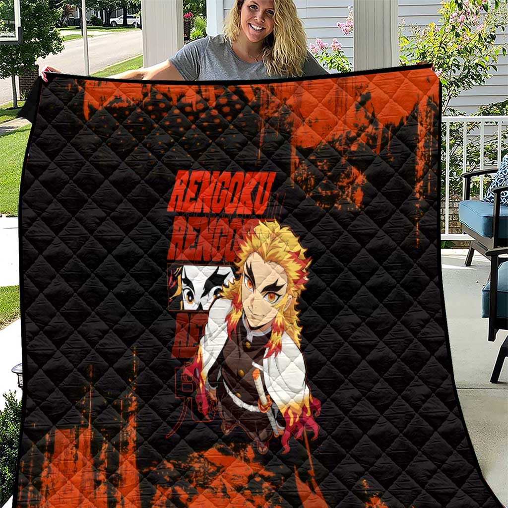 Kyojuro Rengoku Demon Slayer Black and Orange Grunge Design Quilt with Bold Eyes and Flame Hashira Artwork - The Mazicc