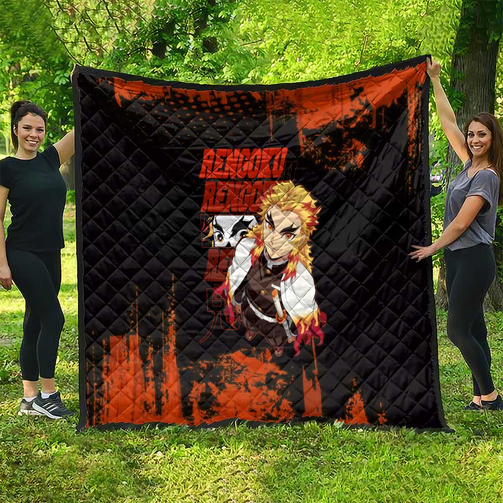 Kyojuro Rengoku Demon Slayer Black and Orange Grunge Design Quilt with Bold Eyes and Flame Hashira Artwork - The Mazicc