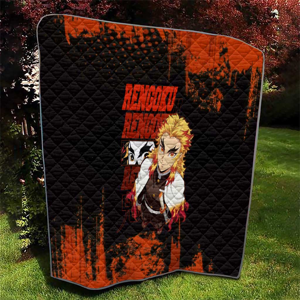 Kyojuro Rengoku Demon Slayer Black and Orange Grunge Design Quilt with Bold Eyes and Flame Hashira Artwork - The Mazicc