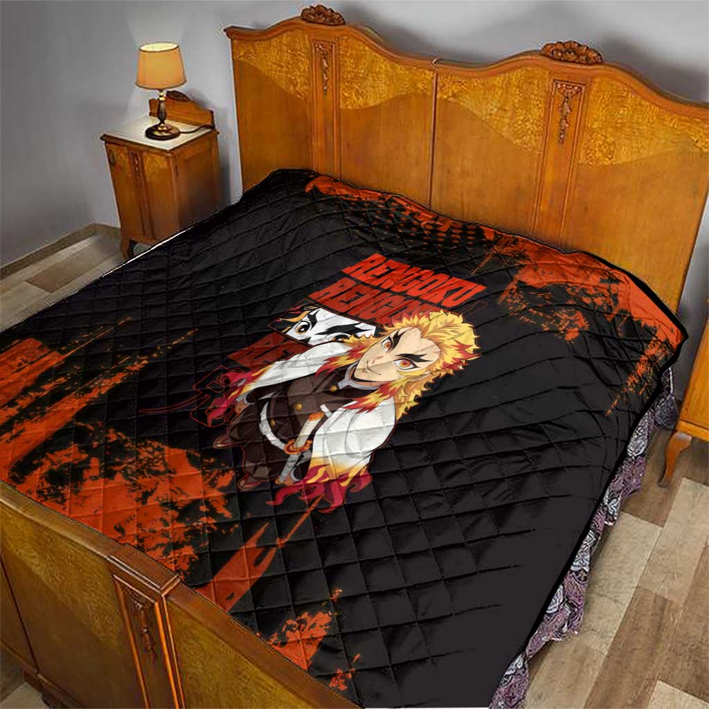Kyojuro Rengoku Demon Slayer Black and Orange Grunge Design Quilt with Bold Eyes and Flame Hashira Artwork - The Mazicc