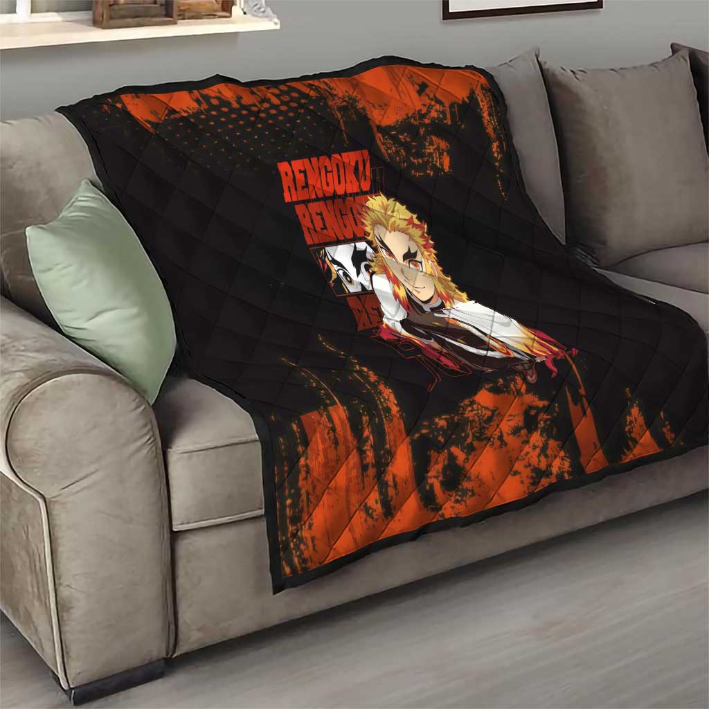 Kyojuro Rengoku Demon Slayer Black and Orange Grunge Design Quilt with Bold Eyes and Flame Hashira Artwork - The Mazicc