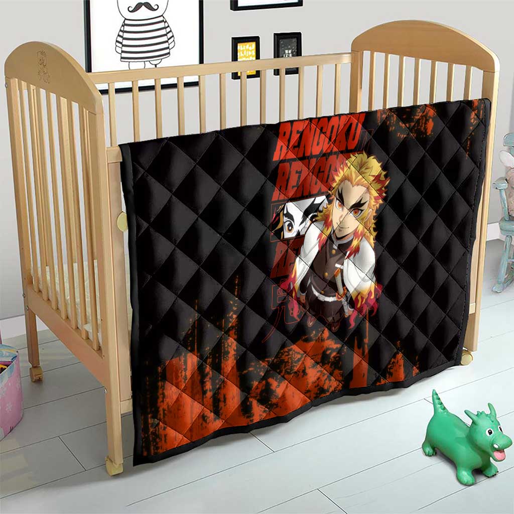 Kyojuro Rengoku Demon Slayer Black and Orange Grunge Design Quilt with Bold Eyes and Flame Hashira Artwork - The Mazicc