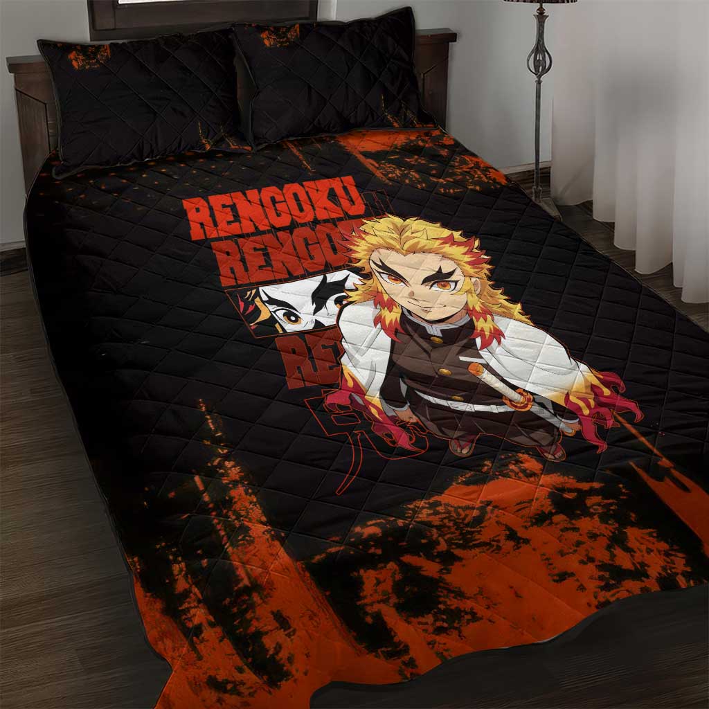 Kyojuro Rengoku Demon Slayer Black and Orange Grunge Design Quilt Bed Set with Bold Eyes and Flame Hashira Artwork - The Mazicc
