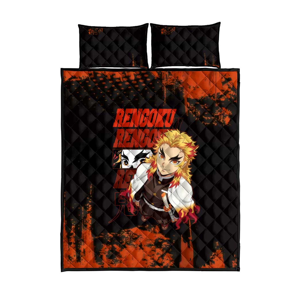 Kyojuro Rengoku Demon Slayer Black and Orange Grunge Design Quilt Bed Set with Bold Eyes and Flame Hashira Artwork - The Mazicc
