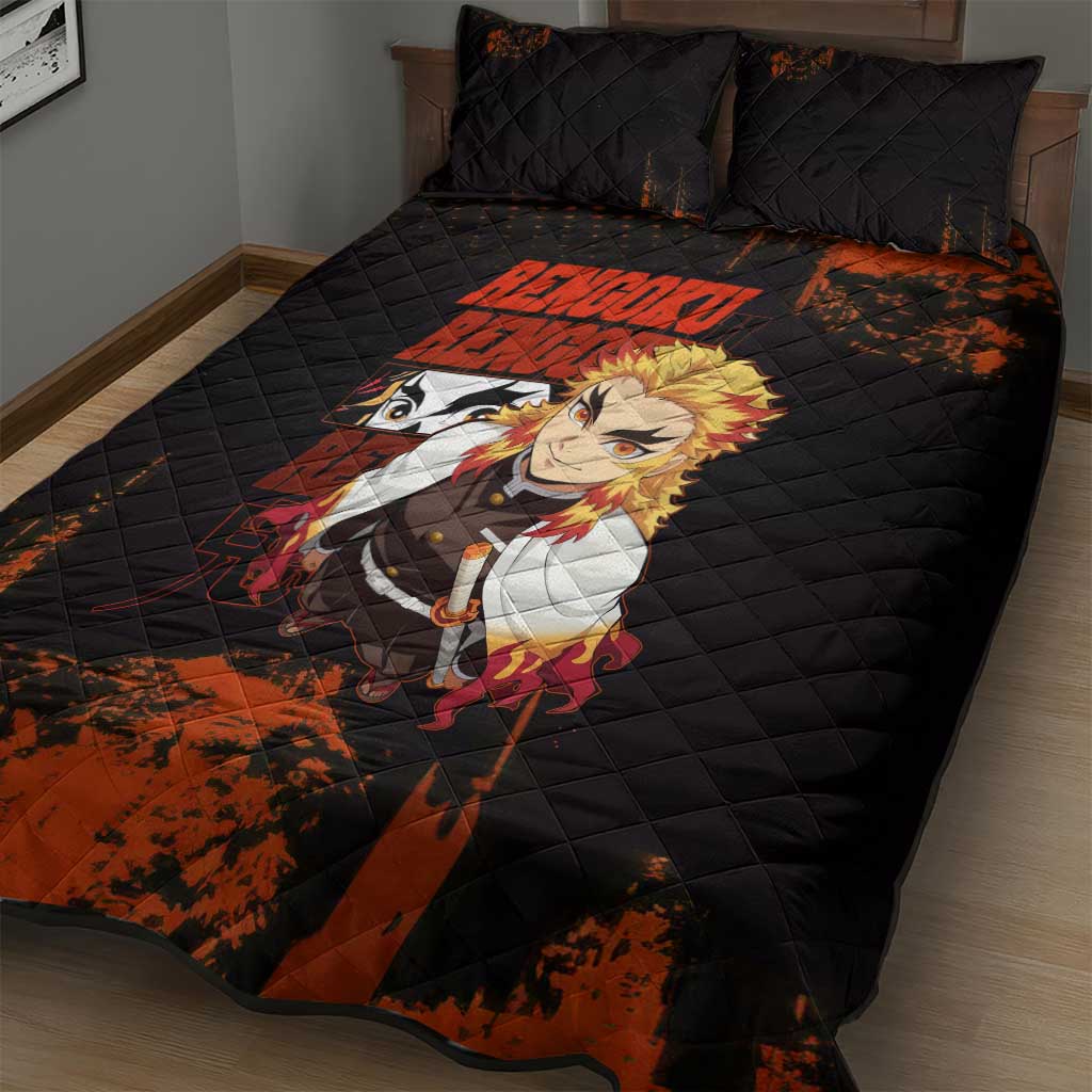 Kyojuro Rengoku Demon Slayer Black and Orange Grunge Design Quilt Bed Set with Bold Eyes and Flame Hashira Artwork - The Mazicc