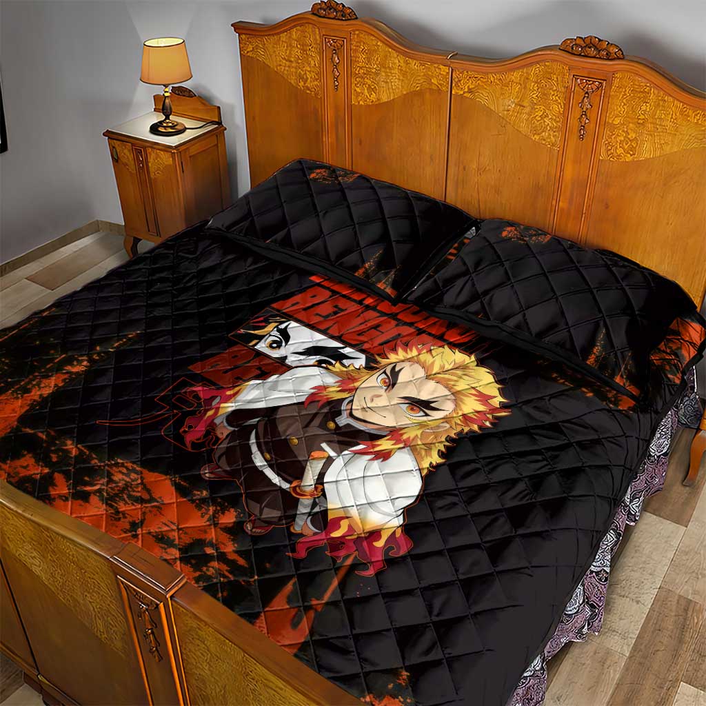 Kyojuro Rengoku Demon Slayer Black and Orange Grunge Design Quilt Bed Set with Bold Eyes and Flame Hashira Artwork - The Mazicc