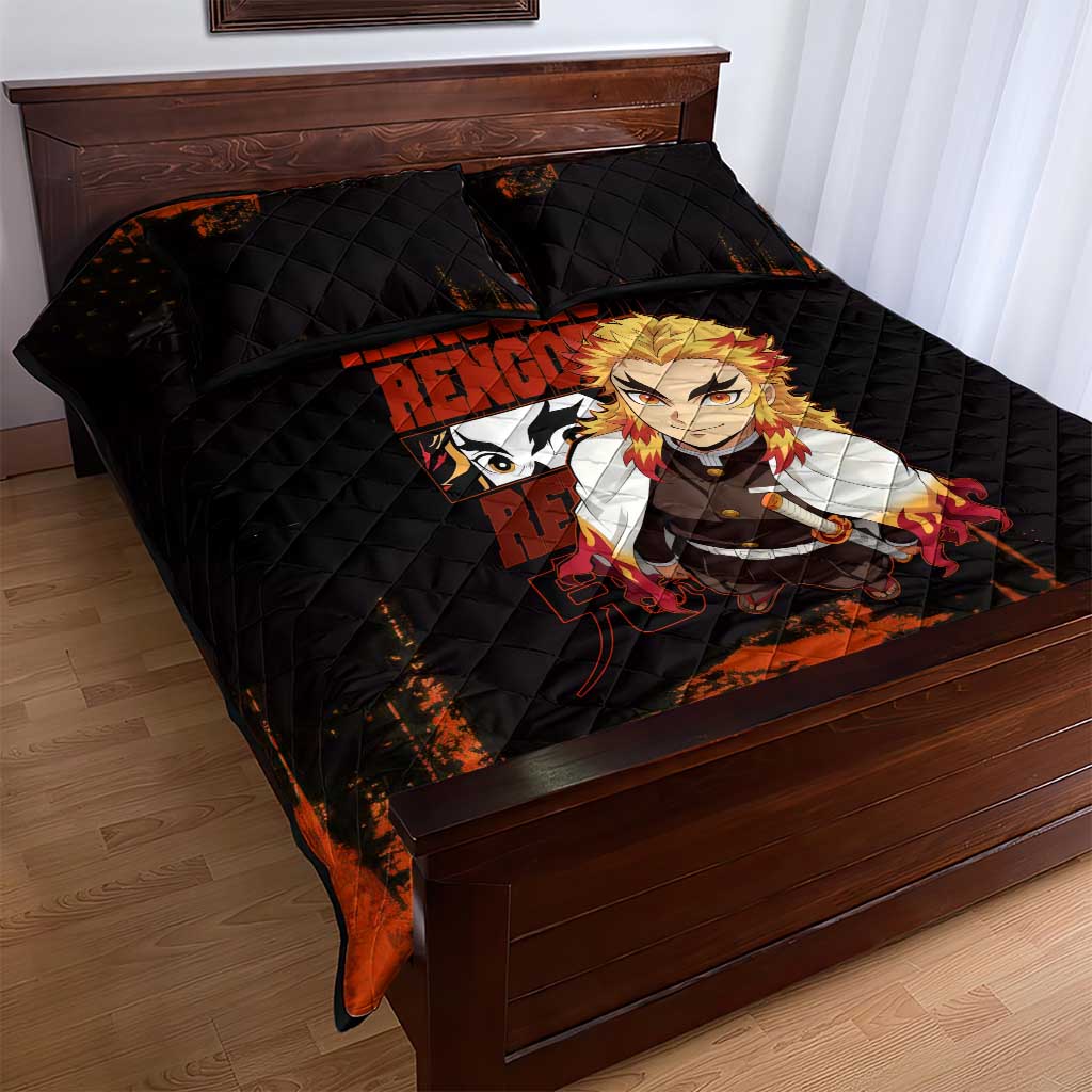 Kyojuro Rengoku Demon Slayer Black and Orange Grunge Design Quilt Bed Set with Bold Eyes and Flame Hashira Artwork - The Mazicc