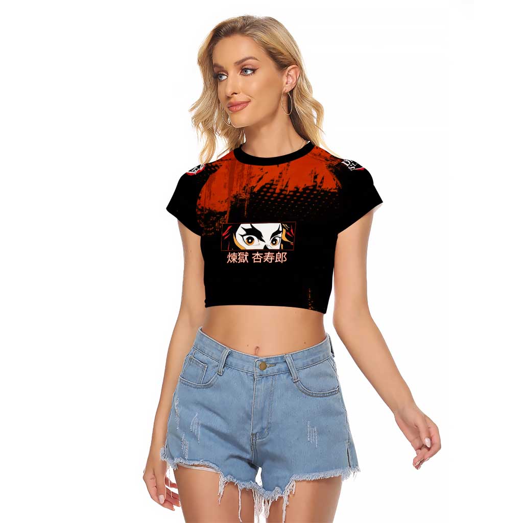 Kyojuro Rengoku Demon Slayer Black and Orange Grunge Design Raglan Cropped T Shirt with Bold Eyes and Flame Hashira Artwork - The Mazicc