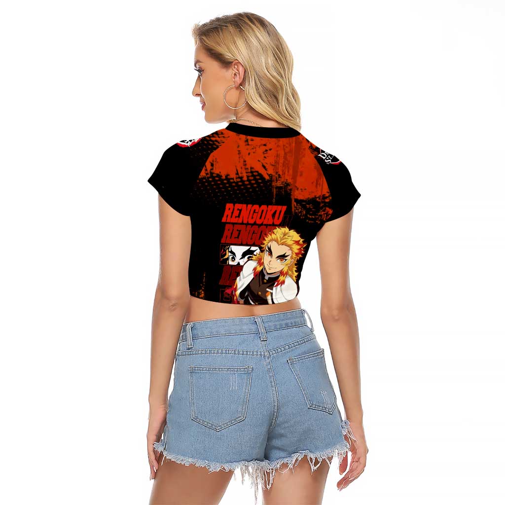 Kyojuro Rengoku Demon Slayer Black and Orange Grunge Design Raglan Cropped T Shirt with Bold Eyes and Flame Hashira Artwork - The Mazicc