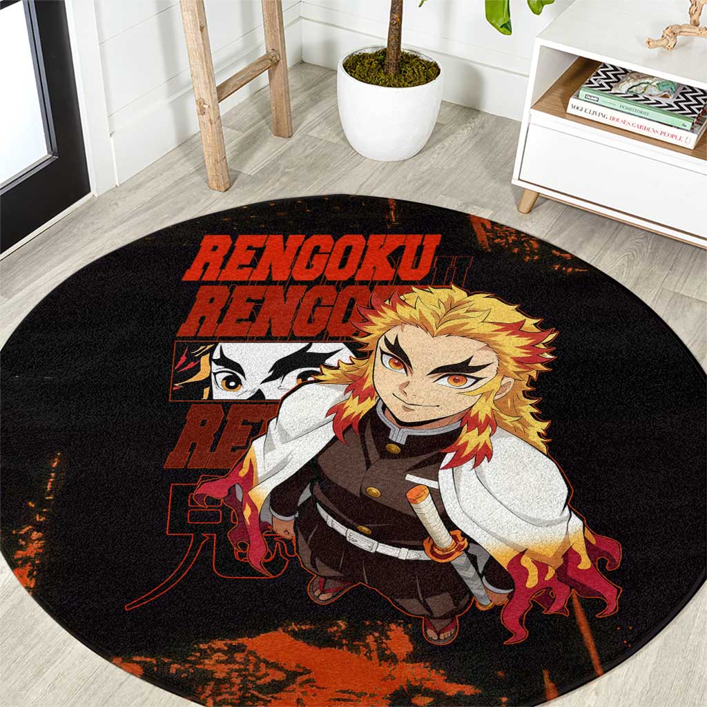Kyojuro Rengoku Demon Slayer Black and Orange Grunge Design Round Carpet with Bold Eyes and Flame Hashira Artwork - The Mazicc