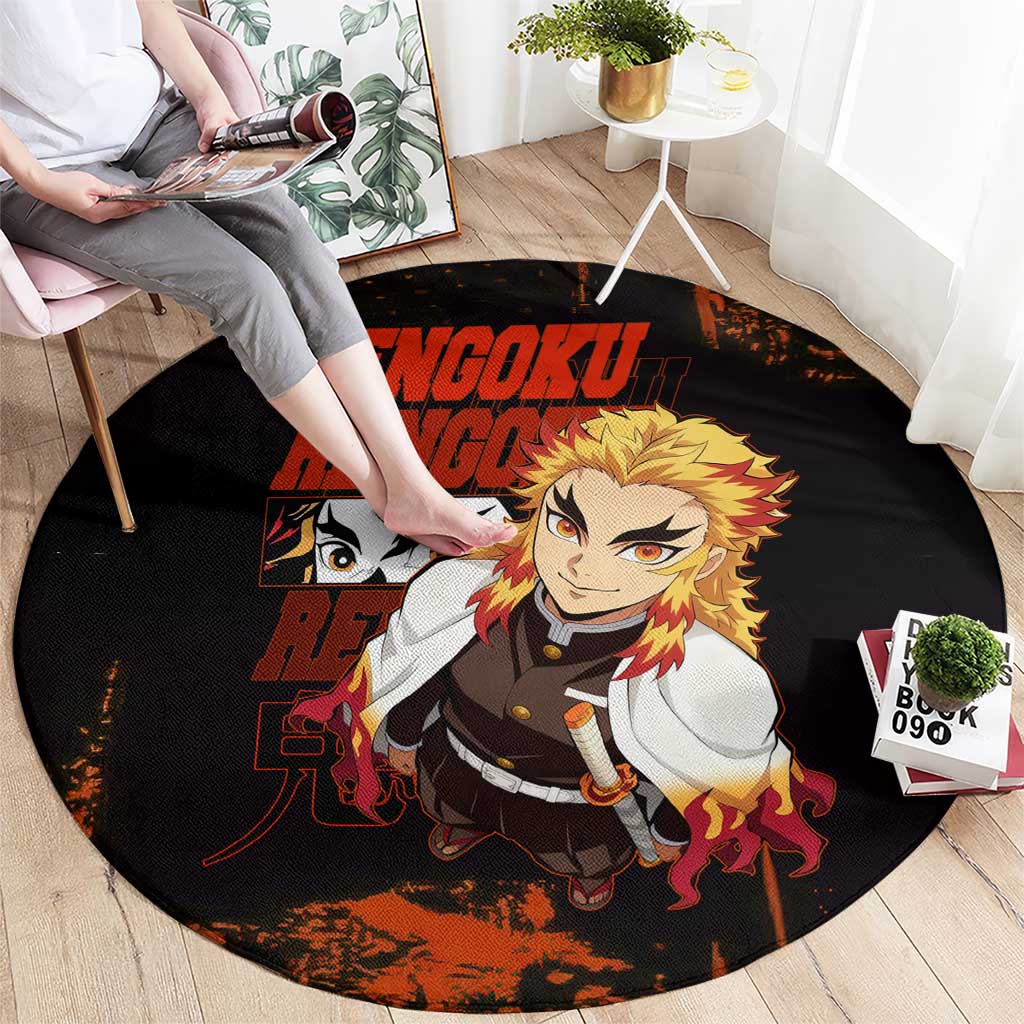 Kyojuro Rengoku Demon Slayer Black and Orange Grunge Design Round Carpet with Bold Eyes and Flame Hashira Artwork - The Mazicc