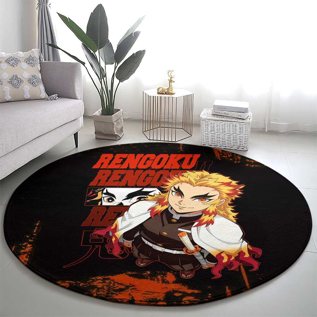 Kyojuro Rengoku Demon Slayer Black and Orange Grunge Design Round Carpet with Bold Eyes and Flame Hashira Artwork - The Mazicc