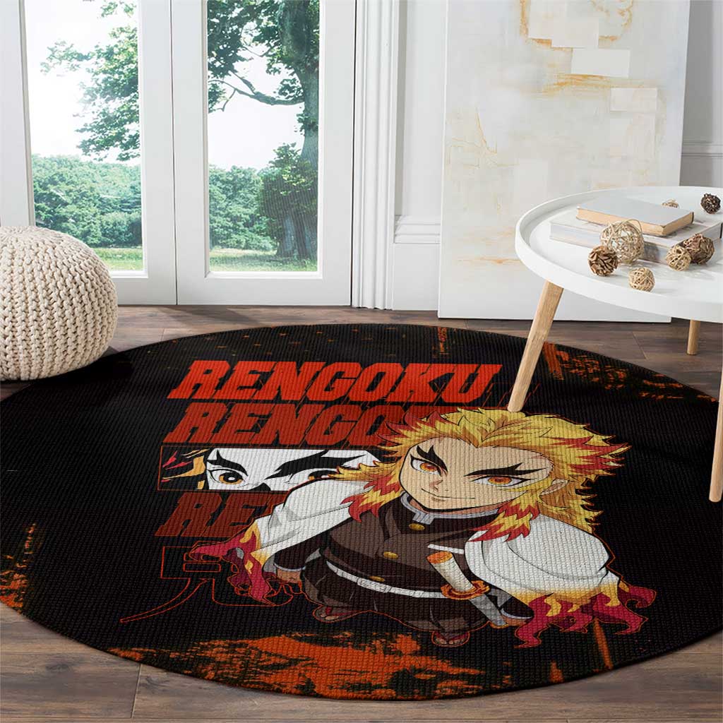 Kyojuro Rengoku Demon Slayer Black and Orange Grunge Design Round Carpet with Bold Eyes and Flame Hashira Artwork - The Mazicc