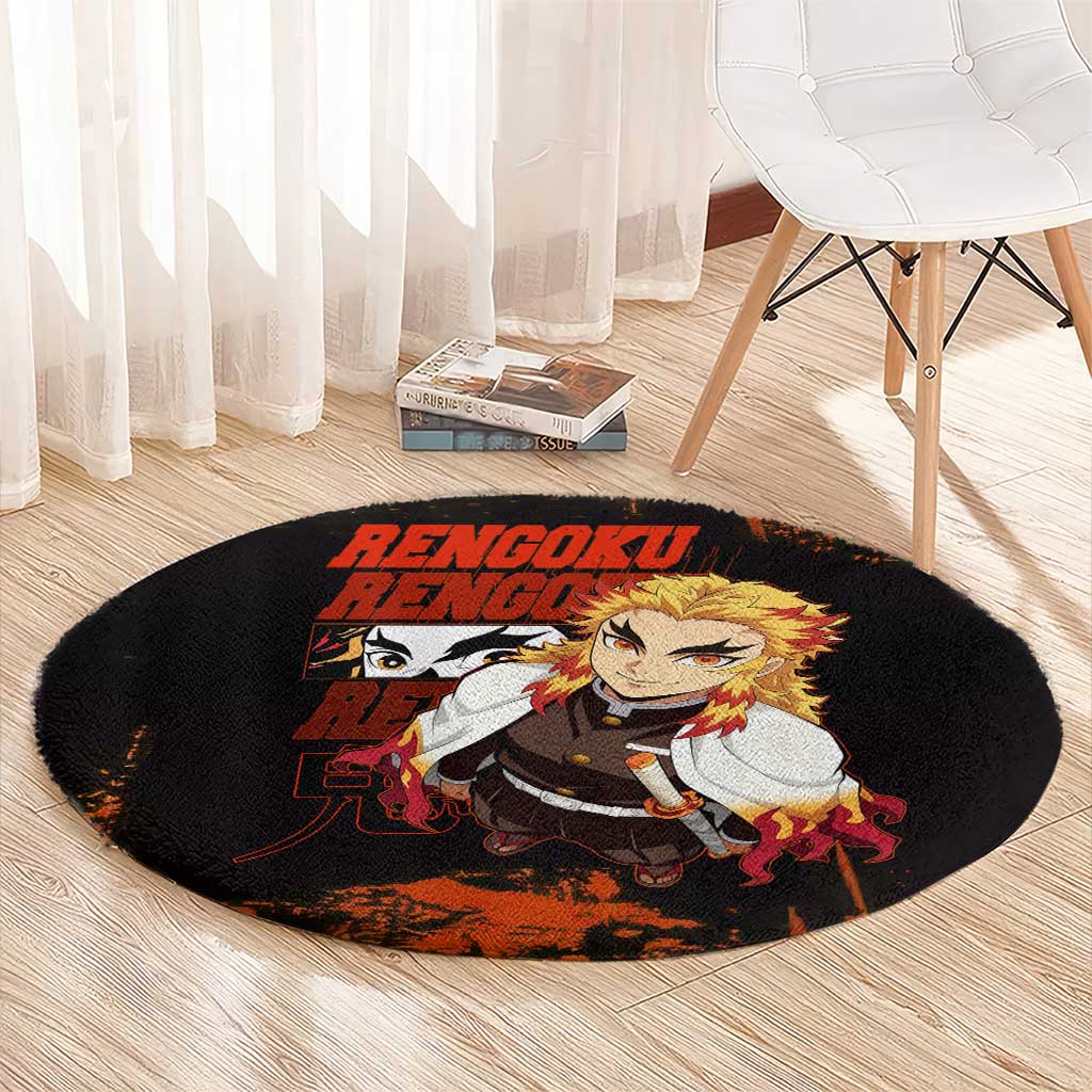 Kyojuro Rengoku Demon Slayer Black and Orange Grunge Design Round Carpet with Bold Eyes and Flame Hashira Artwork - The Mazicc