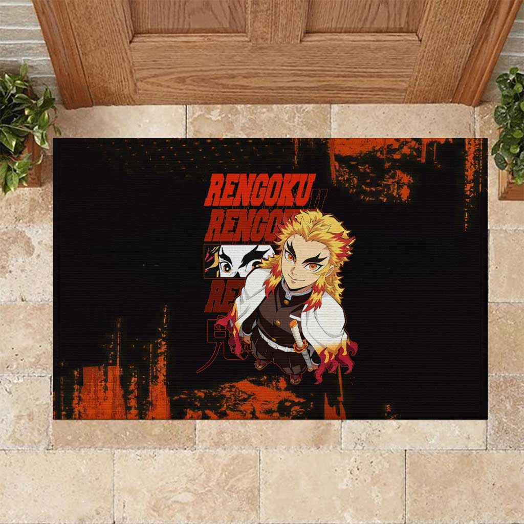 Kyojuro Rengoku Demon Slayer Black and Orange Grunge Design Rubber Doormat with Bold Eyes and Flame Hashira Artwork - The Mazicc