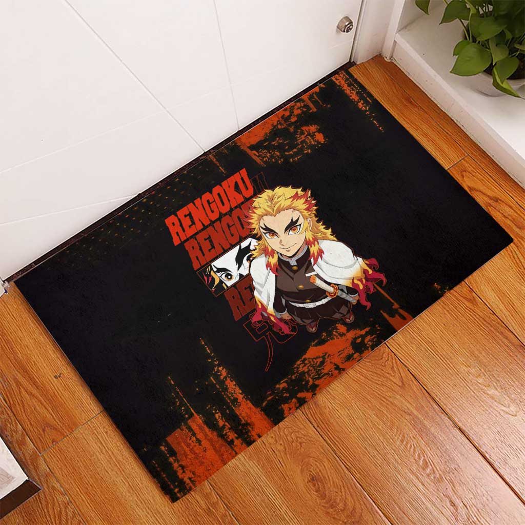 Kyojuro Rengoku Demon Slayer Black and Orange Grunge Design Rubber Doormat with Bold Eyes and Flame Hashira Artwork - The Mazicc