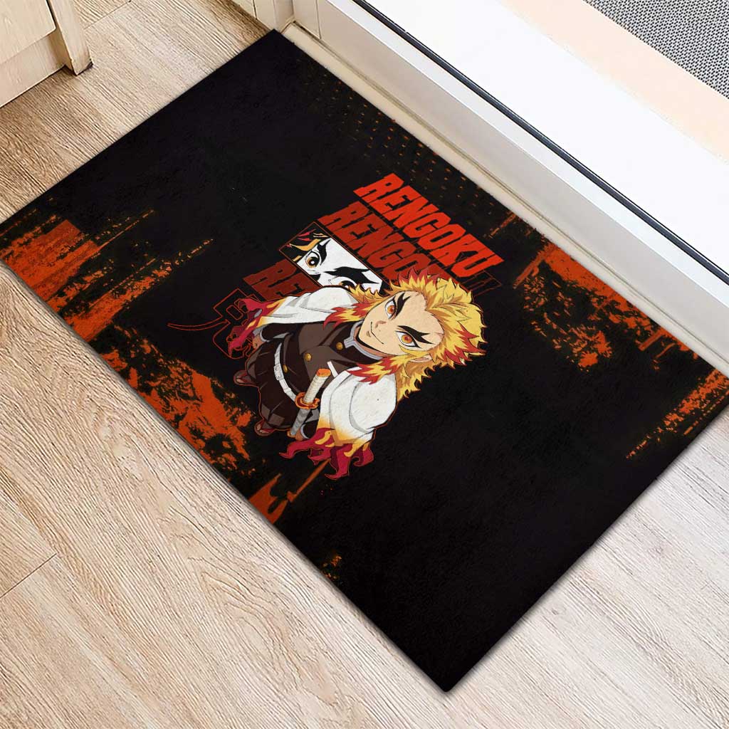 Kyojuro Rengoku Demon Slayer Black and Orange Grunge Design Rubber Doormat with Bold Eyes and Flame Hashira Artwork - The Mazicc