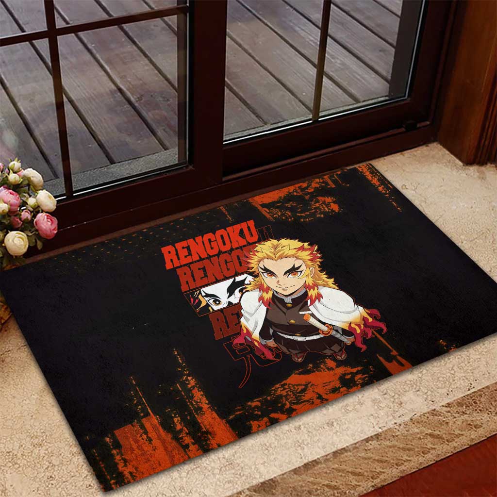 Kyojuro Rengoku Demon Slayer Black and Orange Grunge Design Rubber Doormat with Bold Eyes and Flame Hashira Artwork - The Mazicc